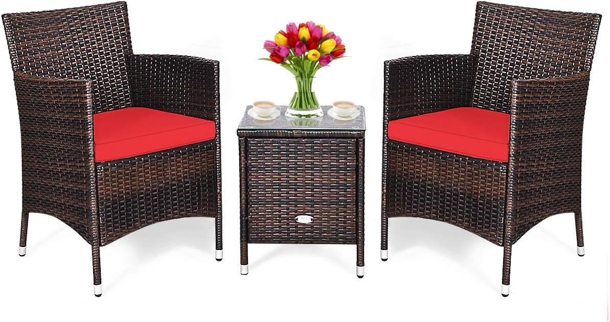 DORTALA Wicker Patio Furniture Set 3 Piece, Small Outdoor Table & Chairs Set with Cushions, All-Weather Rattan Conversation Bistro Set for Balcony, Porch, Backyard, Deck, Red