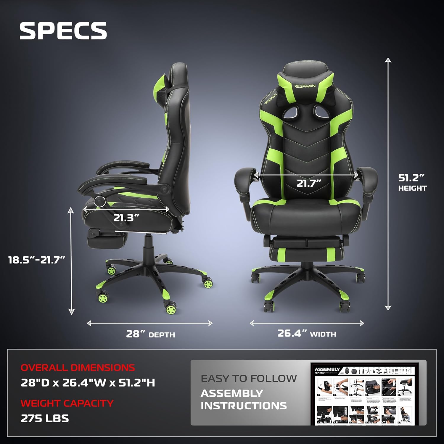 Respawn 110 Pro Ergonomic Gaming Chair with Footrest for Adults - Comfortable Office Gaming Recliner with Lumbar Support and Headrest, Racing Style Video Game Chairs for Computer Gamer - Green