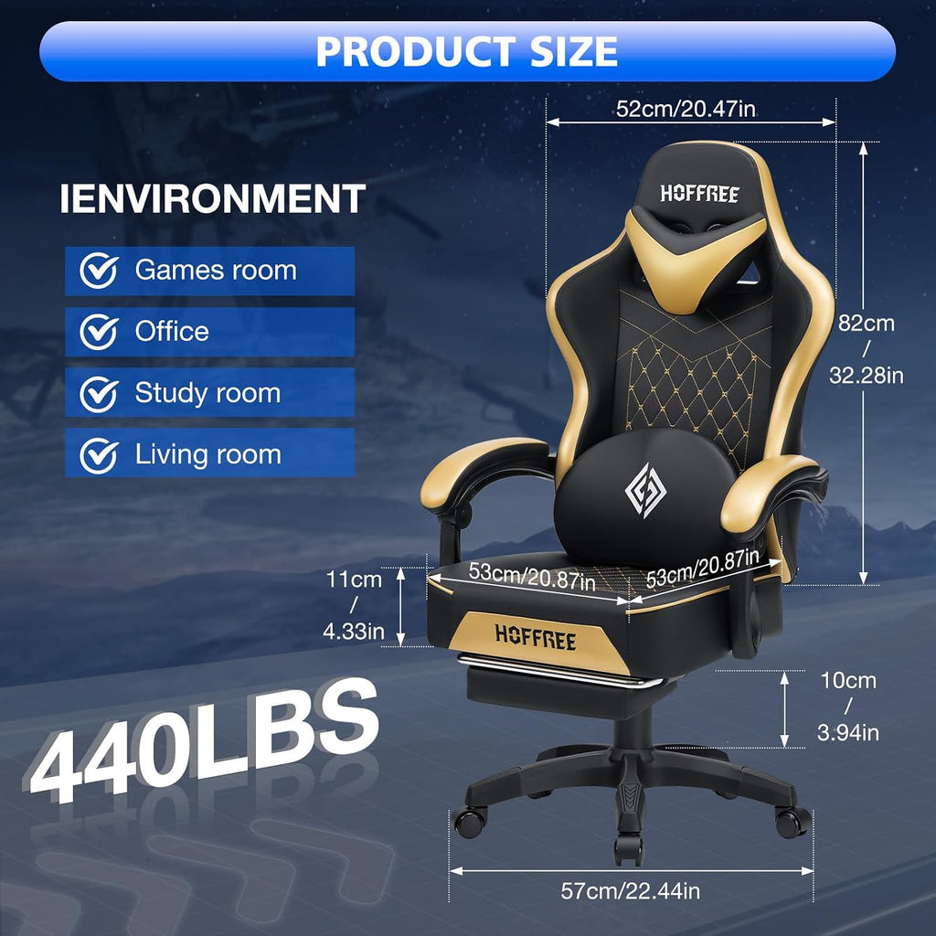 HOFFREE Gaming Chair Computer Chair with Speakers Massage Game Chairs with Footrest Bluetooth High Back Ergonomic Computer Gaming Chairs for Adults Reclining Video Gamer Chair Gold and Black