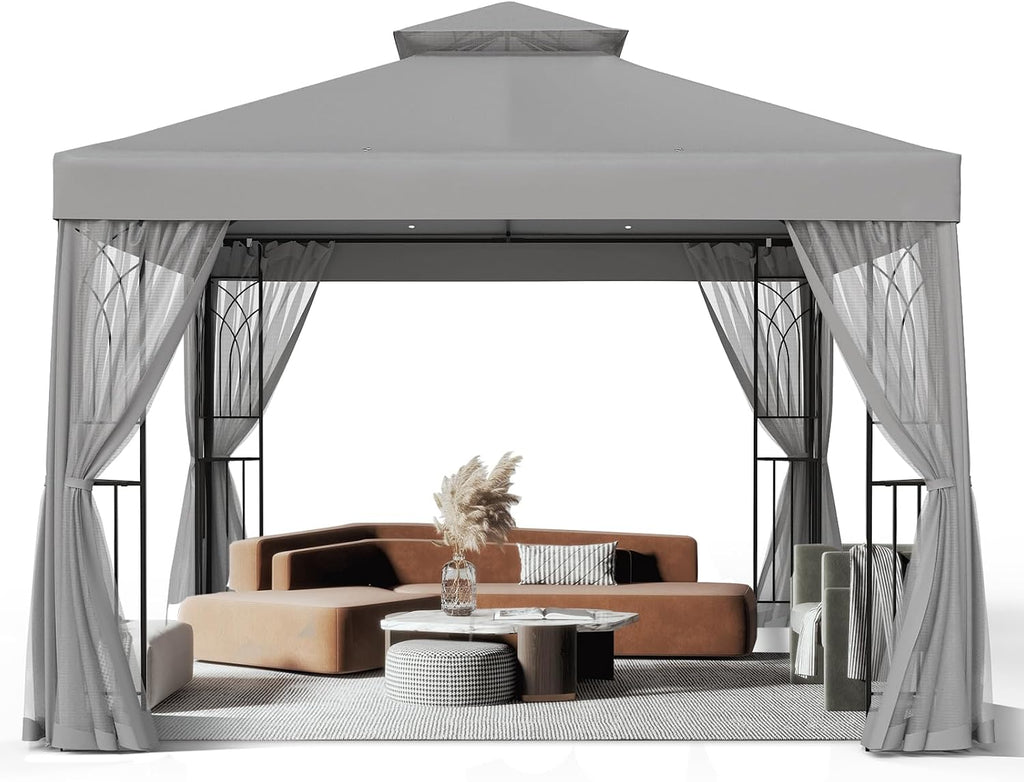 10x10 Outdoor Gazebo Tent with Netting and Corner Shelves, Double Roof Patio Gazebo with Soft Fabric Top, Outdoor Pavilion for Backyard Patio Garden Lawn, Gray