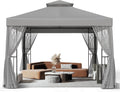 10x10 Outdoor Gazebo Tent with Netting and Corner Shelves, Double Roof Patio Gazebo with Soft Fabric Top, Outdoor Pavilion for Backyard Patio Garden Lawn, Gray