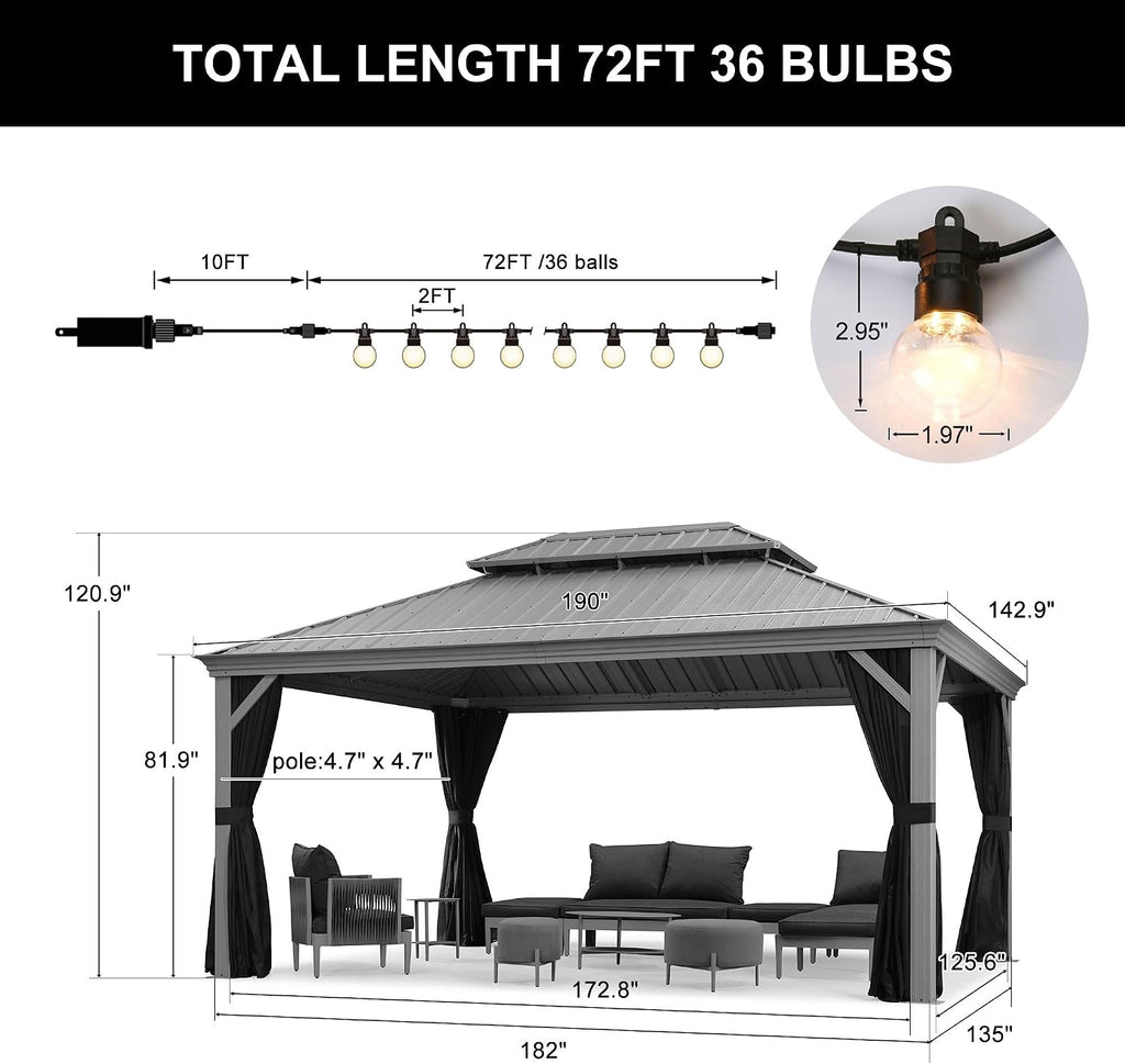 PURPLE LEAF 12' X 16' Hardtop Aluminum Gazebo with Netting and Curtains Heavy Duty Permanent Gazebo with Double Metal Roof for Patio Deck Lawn Garden All Weather Outdoor Pavilion Gazebos, Light Grey