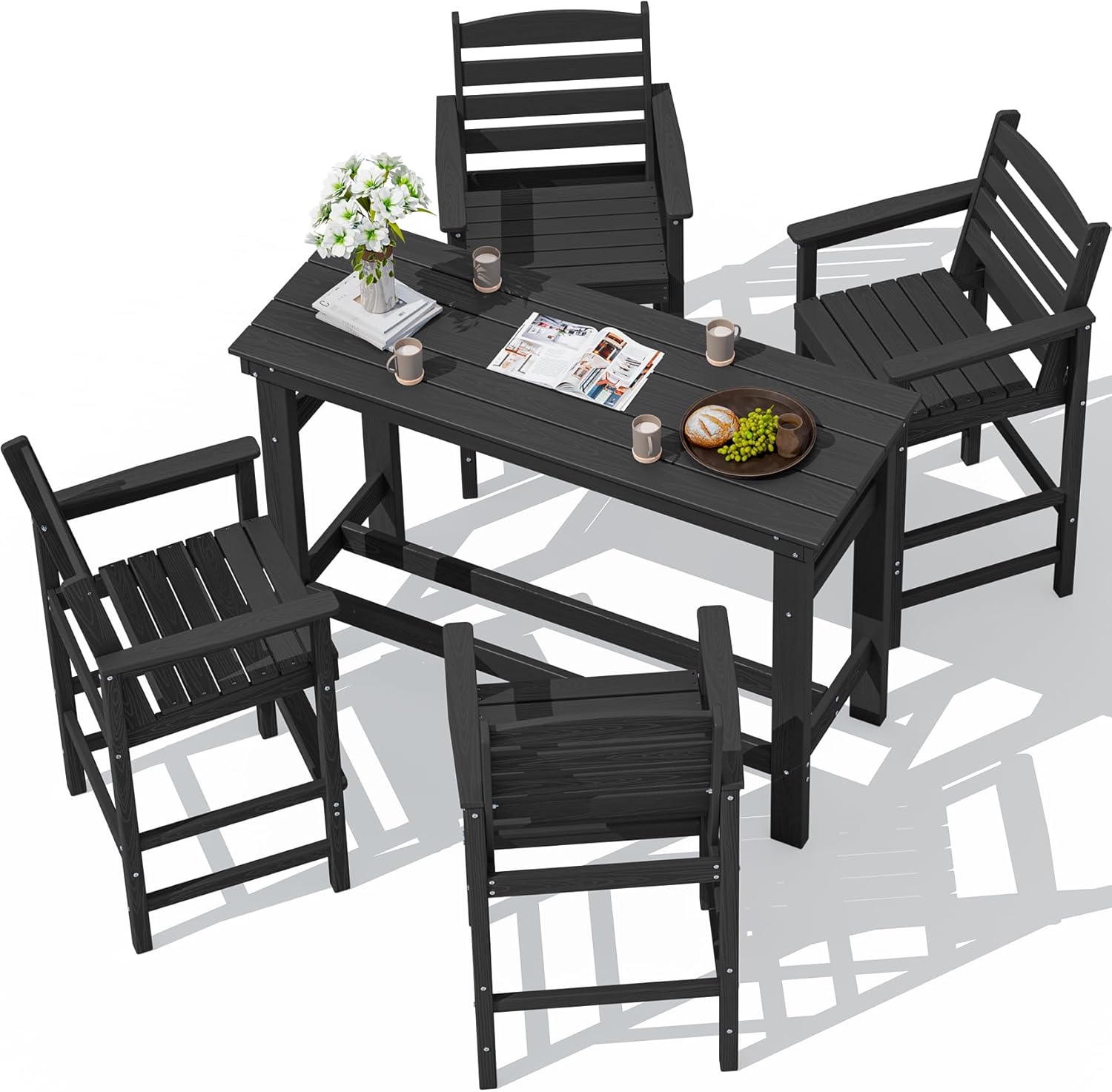 SERWALL Outdoor Bar Set - 4 Adirondack Bar Chairs & Bar Height Table with 1.6' Umbrella Hole, All-Weather HDPE Patio Furniture for Poolside, Backyard, Garden - Black