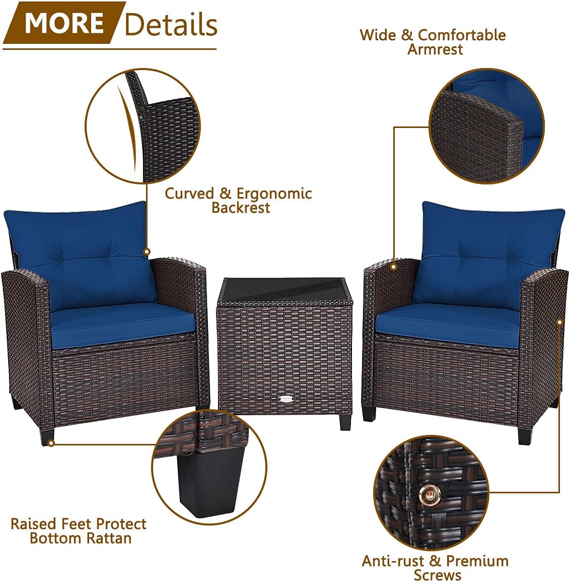 KOTEK 3 Piece Patio Furniture Set, Outdoor Conversation Set with Washable Cushions & Tempered Glass Tabletop, PE Rattan Wicker Bistro Set for Porch, Garden, Balcony (Navy Blue)