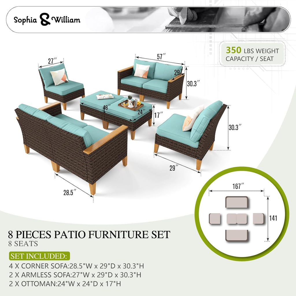 Sophia & William Oversized Patio Furniture Set, 8 Piece Outdoor Wicker Conversation Set Rattan Sectional Sofa, 4 Corner Sofa, 2 Armless Sofa, 2 Ottoman for Backyard, Deck, Pool(Aqua Blue)