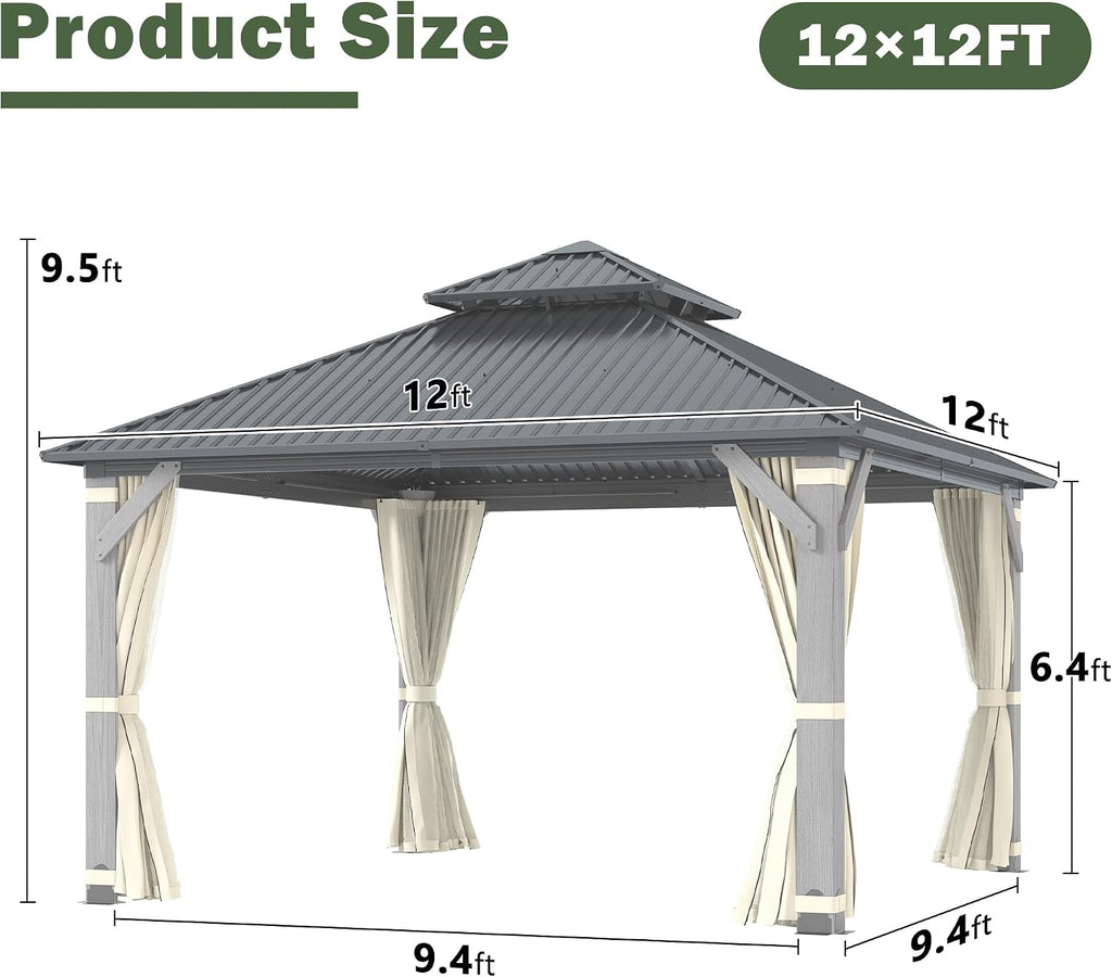 12'x12' Hardtop Wood Gazebo, Outdoor Double Roof Galvanized Steel Top Gazebo with Wooden Post, Curtains & Netting for Backyard, Patio, Deck (12x12 FT)