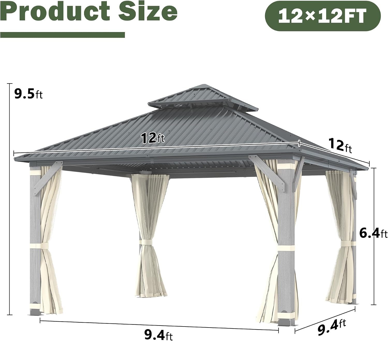 12'x12' Hardtop Wood Gazebo, Outdoor Double Roof Galvanized Steel Top Gazebo with Wooden Post, Curtains & Netting for Backyard, Patio, Deck (12x12 FT)