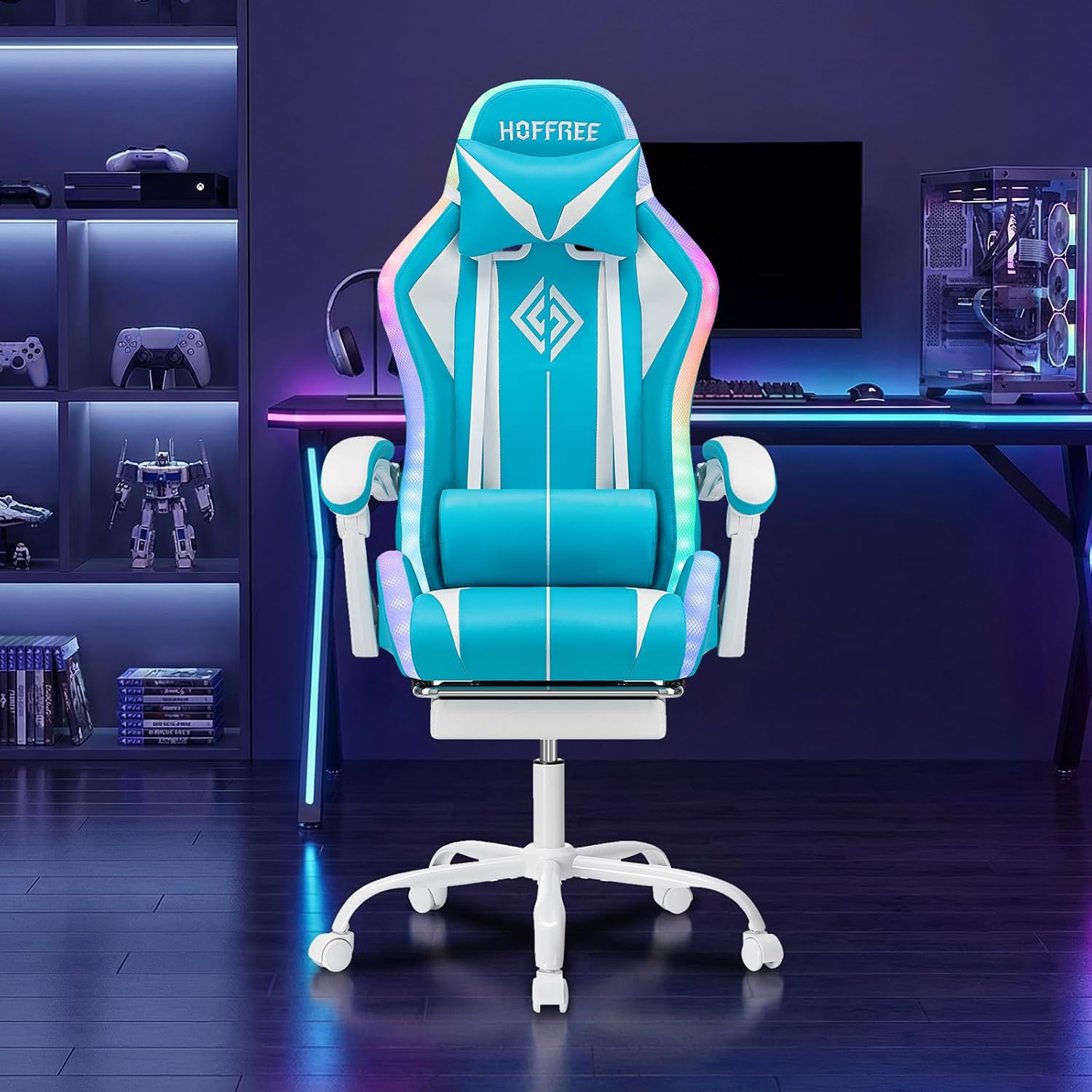 RGB Gaming Chair with LED Lights Massage Game Chair with Footrest Ergonomic Computer Chair High Back Video Game Chair with Adjustable Lumbar Support Linkage Armrest Blue and White