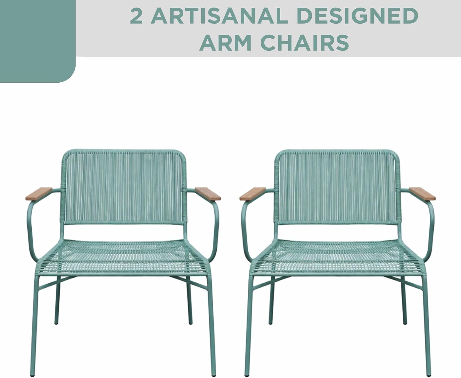 Alpine Corporation VTFAM170A 4-Piece Outdoor Rope Woven Patio Conversation Set – Sofa Bench, 2 Armchairs & Coffee Table – Modern Metal Frame with Wood Armrests – Indoor/Outdoor Seating Set