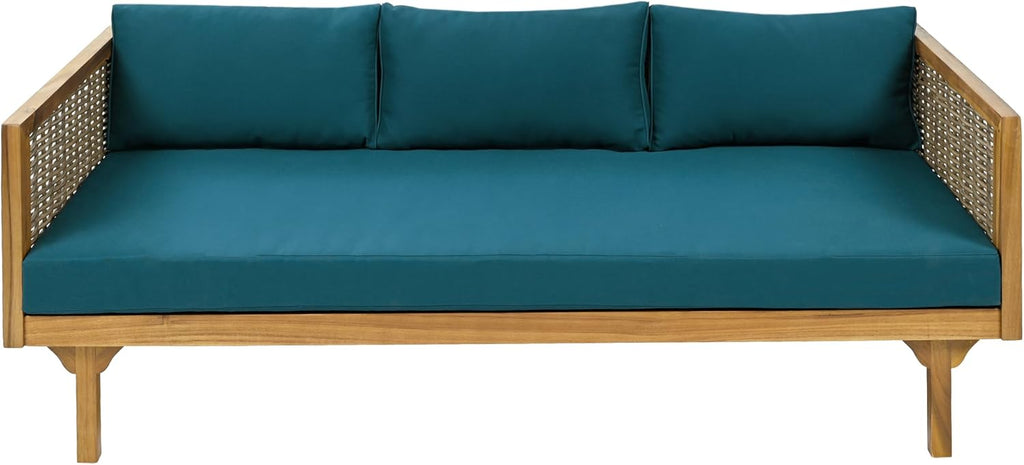 Christopher Knight Home Claremont Patio Sofa and Coffee Table Set, 2 Piece Wicker Patio Furniture Set, Acacia Wood 3 Seater Outdoor Sofa Daybed and Coffee Table Set, Teak+Dark Teal