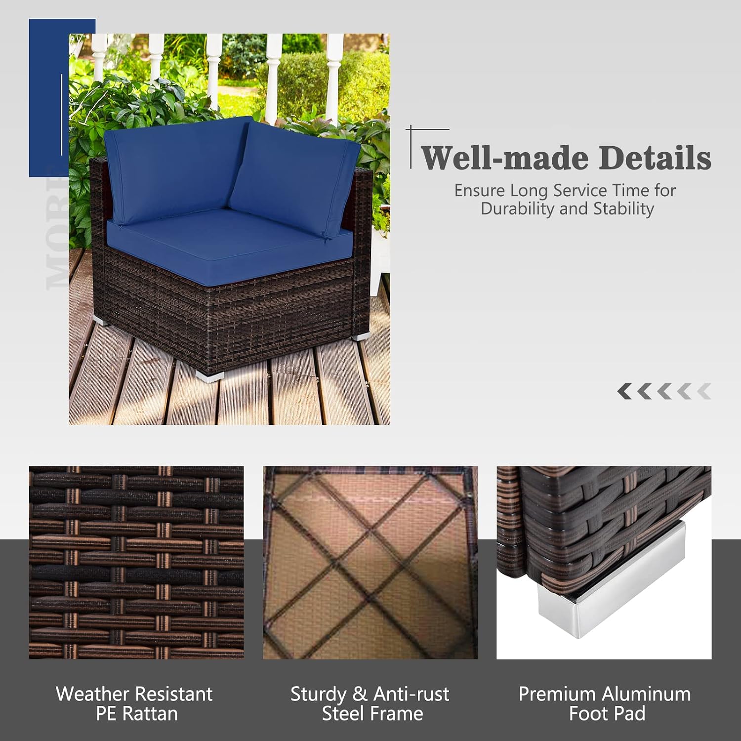 COSTWAY 6-Piece Outdoor Patio Furniture Set, Rattan Sectional Sofa Set with Tempered Glass Coffee Table and Cushions for Garden, Deck, Backyard (Navy)