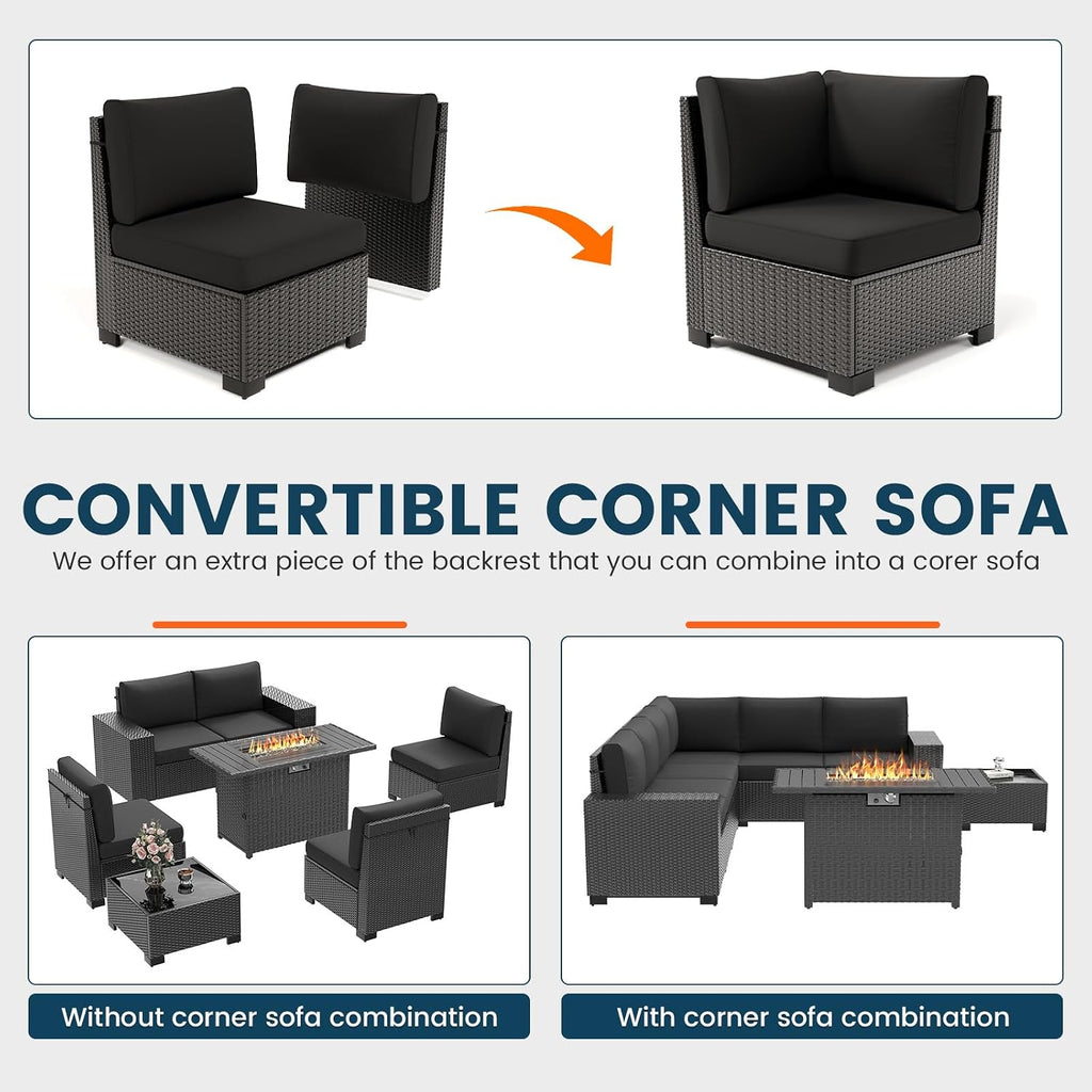7 Piece Patio Furniture Set with Fire Pit Table, Outdoor Sectional Conversation Sets Black Wicker Rattan Sofa with Coffee Table for Patio Garden Backyard, 4'' Thickened Cushion Black