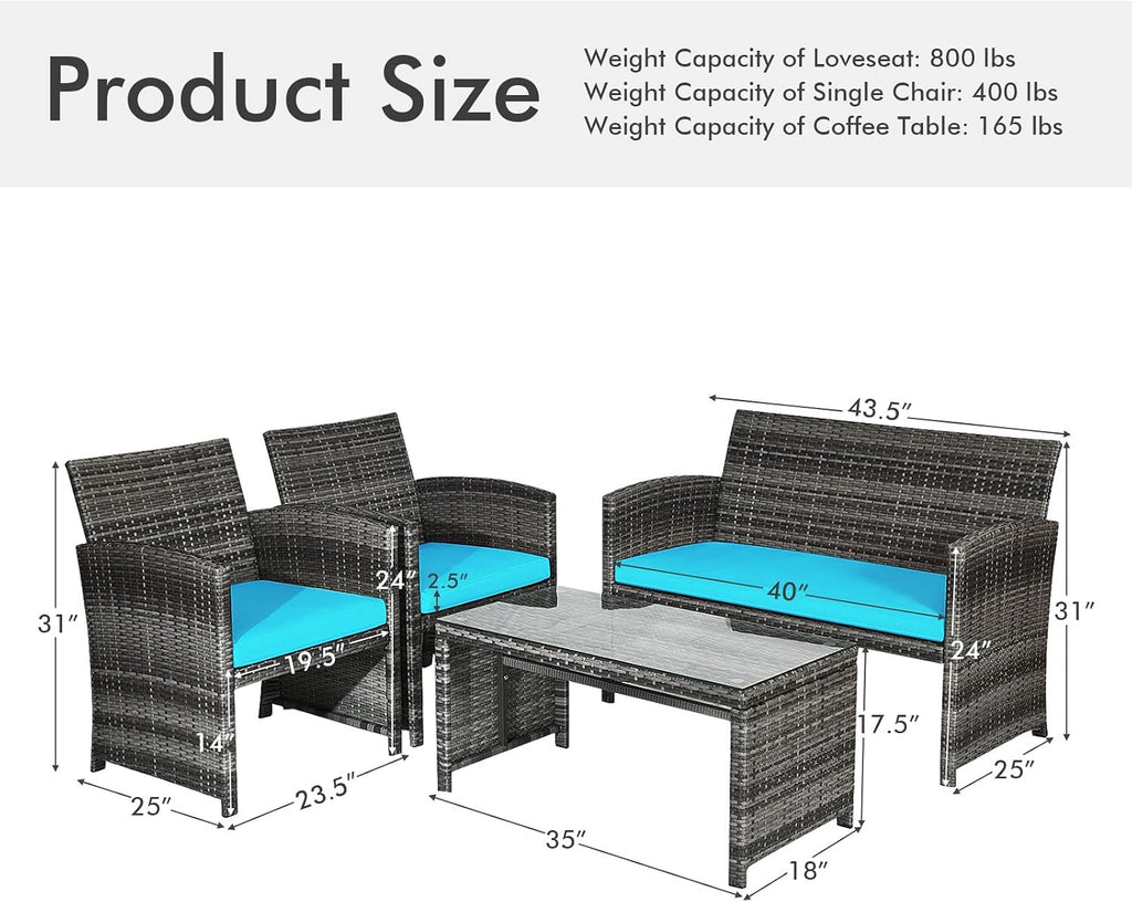 Goplus 4-Piece Rattan Patio Furniture Set, Outdoor Wicker Conversation Sofa with Weather Resistant Cushions and Tempered Glass Tabletop for Lawn Backyard Pool Garden (Turquoise)