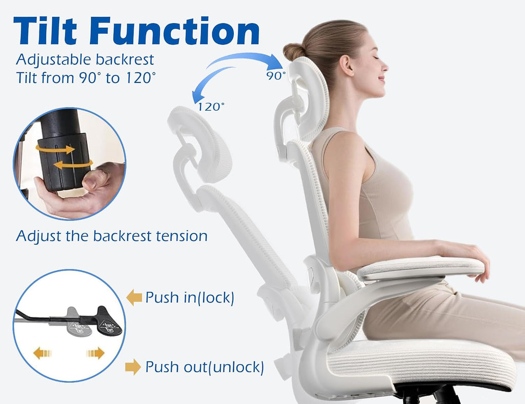 TRALT Ergonomic Office Chair - Desk Chair with Adjustable Headrest Lumbar Support Computer Chair - Mesh Comfy Chair with Flip-up Armrests - Gaming Chairs for Adults Home Office (Leather, White)