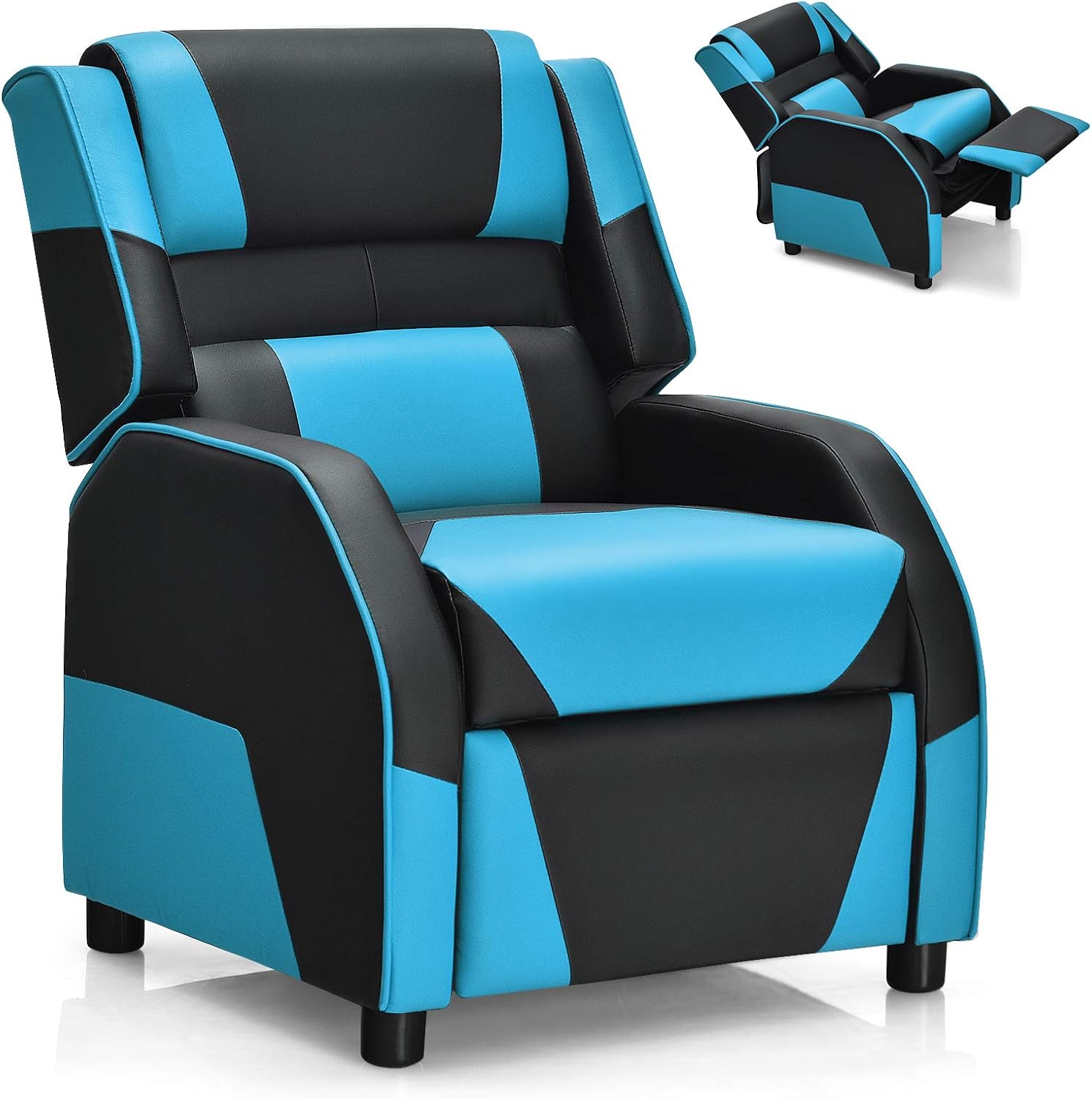 Costzon Kids Recliner, Gaming Recliner Chair w/Footrest, Headrest & Lumbar Support, Ergonomic Leather Lounge Chair for Living & Gaming Room, Adjustable Racing Style Sofa for Children Boys Girls, Blue