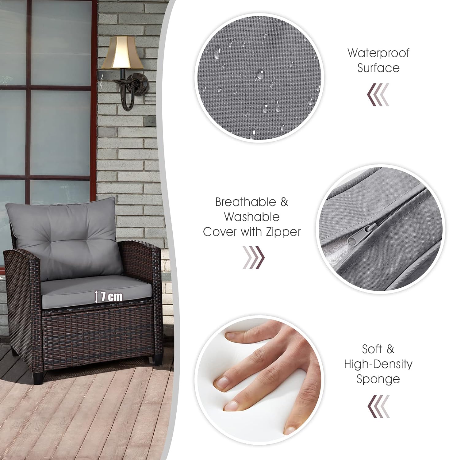 COSTWAY 3PCS Patio Furniture Set, PE Rattan Wicker Sofa w/Washable Cushion and Coffee Table, Tempered Glass Tabletop, Outdoor Conversation Set for Balcony, Porch, Yard, Backyard, Lawn (Grey)