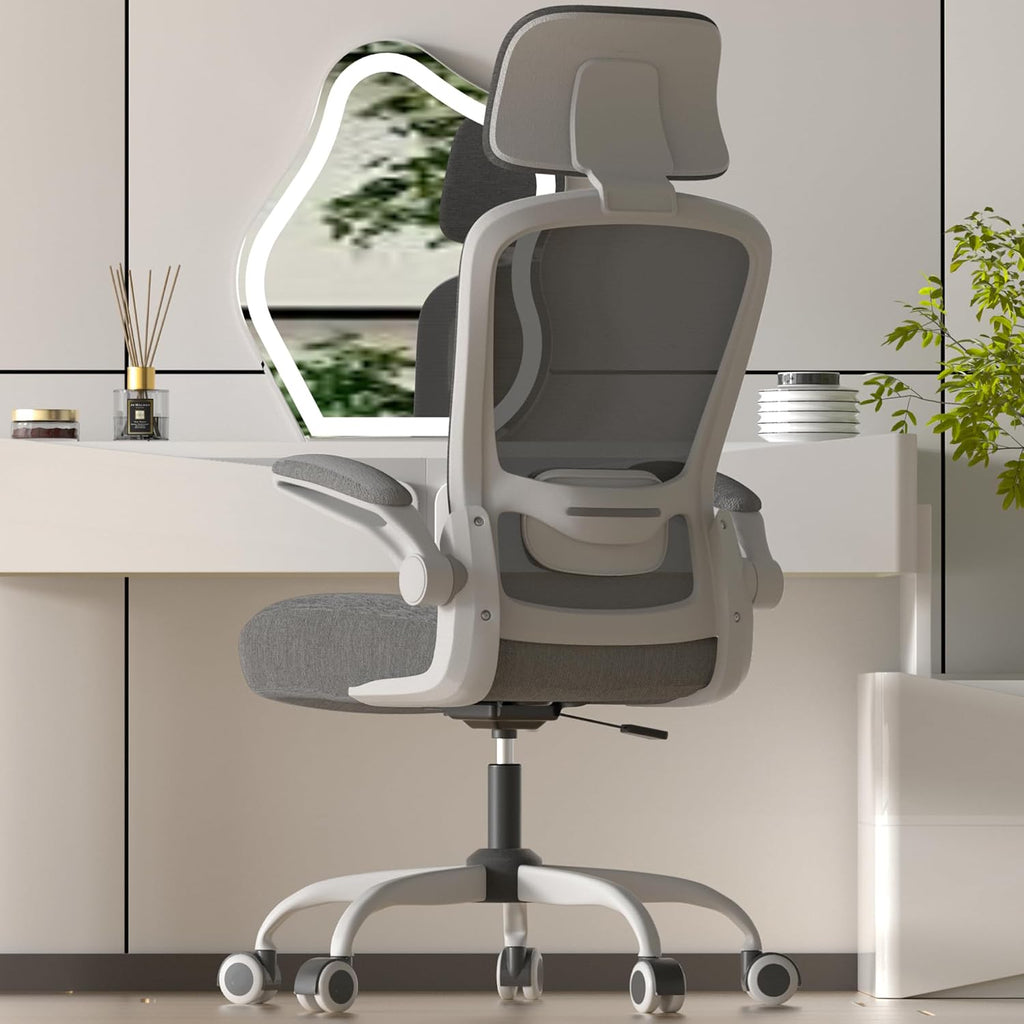 Mimoglad Office Chair, High Back Ergonomic Desk Chair with Adjustable Lumbar Support and Headrest, with flip-up Armrests for Guitar Playing, 5 Years Warranty (Grey)