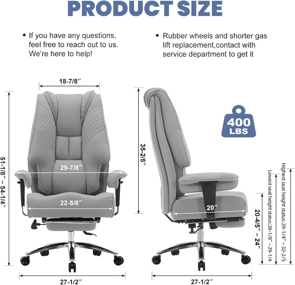 EXCEBET Big and Tall Office Chair 400lbs Wide Seat, Leather High Back Executive Office Chair with Foot Rest, Ergonomic Chairs Lumbar Support for Lower Back Pain Relief (Mesh Dove Grey)