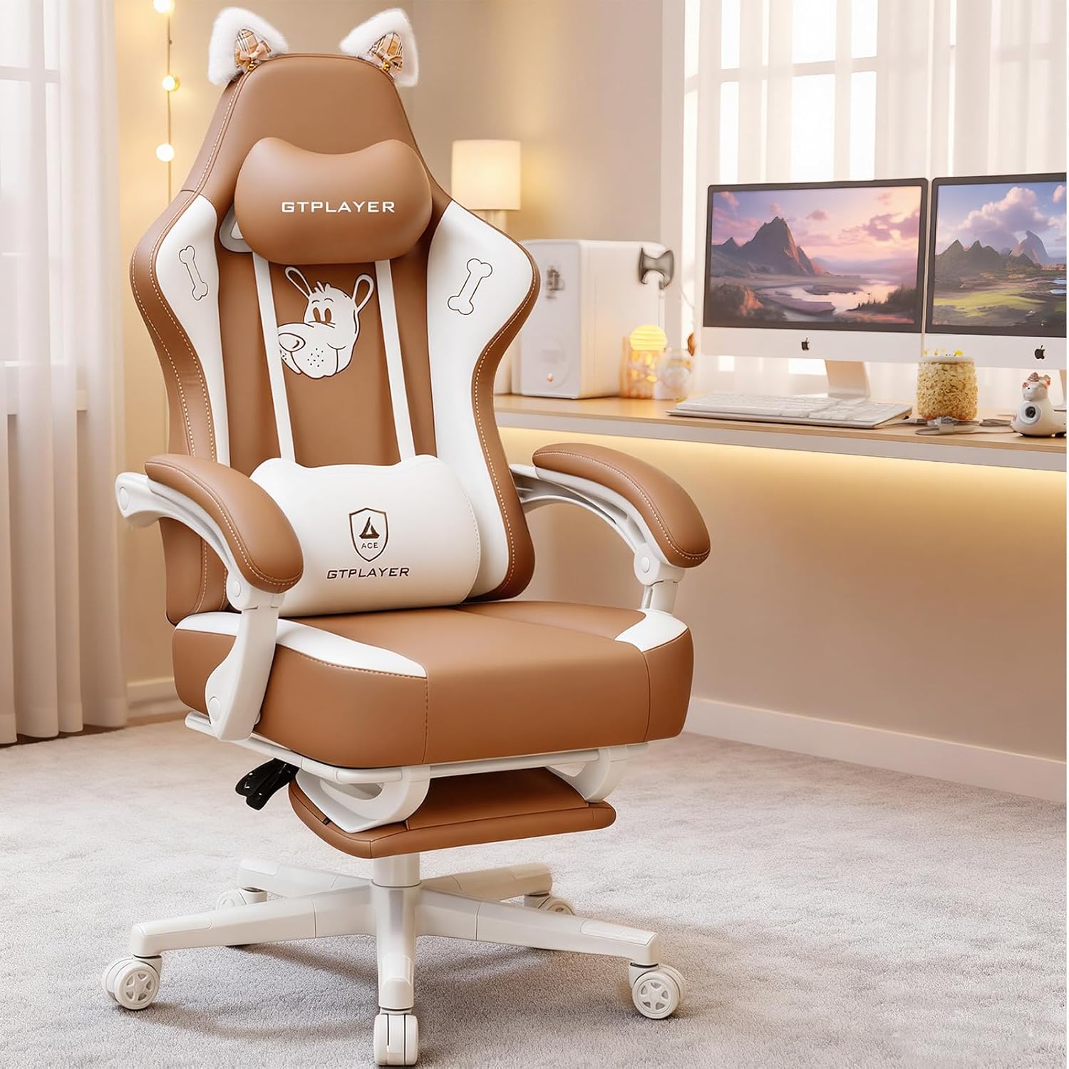 Gaming Chair Cute with Cat Ears Ergonomic Computer Chair with Dog Embroidery Adjustable Memory Foam Lumbar Support and Headrest Comfortable Reclining Office Chair for Girls, Teens, Women