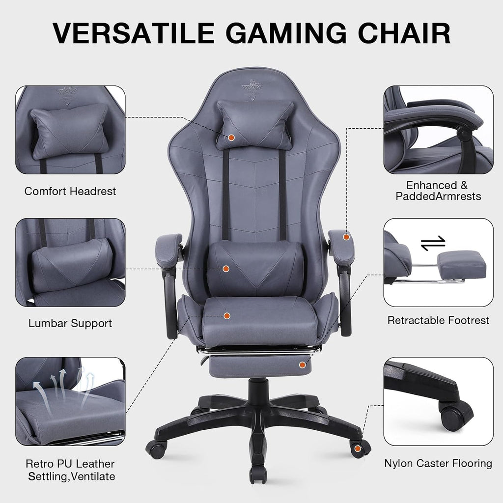 High-Back PC Gaming Chair Office Chair, Desk Task Chair Computer Racing Chair, PU Ergonomic Executive Swivel Rolling Chair with Lumbar Support for Women, Men (Grey)
