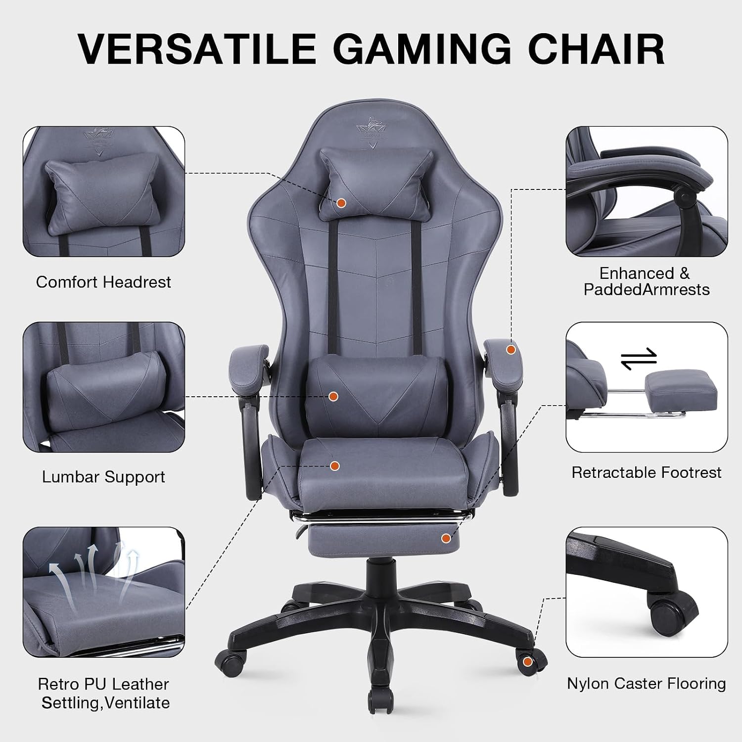 High-Back PC Gaming Chair Office Chair, Desk Task Chair Computer Racing Chair, PU Ergonomic Executive Swivel Rolling Chair with Lumbar Support for Women, Men (Grey)