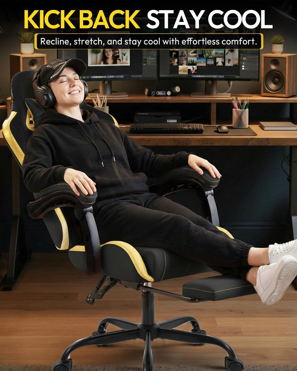 Gaming Chair with Footrest, Ergonomic 330lbs Leather Mesh Chair, Massage Lumbar Support,Adjustable Height & Headrest,Breathable Seat for Office, Home, Streaming, Long Gaming Sessions, Black and Golden