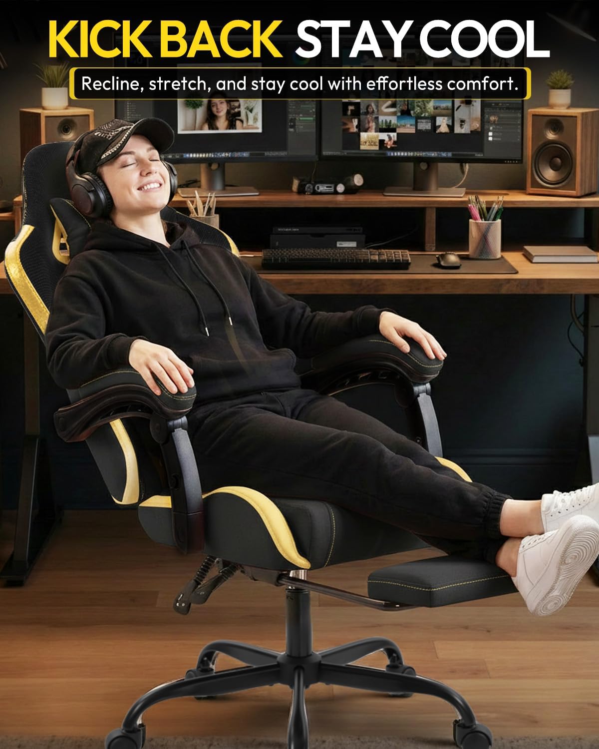 Gaming Chair with Footrest, Ergonomic 330lbs Leather Mesh Chair, Massage Lumbar Support,Adjustable Height & Headrest,Breathable Seat for Office, Home, Streaming, Long Gaming Sessions, Black and Golden