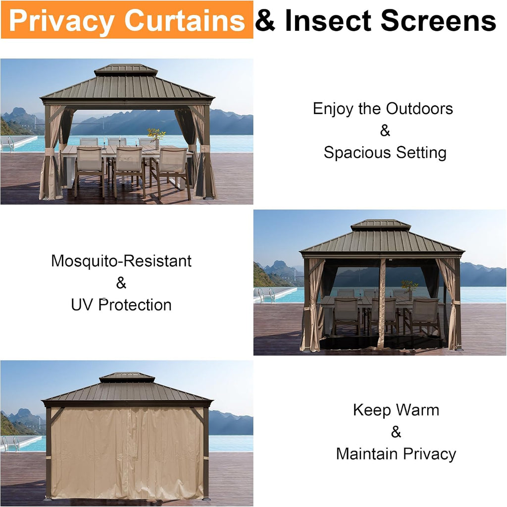 Domi 10' x 12' Outdoor Hardtop Gazebo, Upgraded Metal Gazebo with Galvanized Steel Double Roof, Heavy Duty Canopy Permanent Pavilion for Patio Lawn and Garden, Curtains and Netting Included, Brown