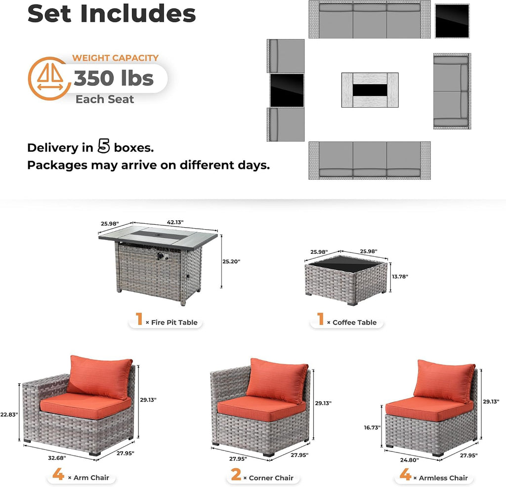 ovios 13 Pieces Patio Furniture Set, Outdoor Wicker Sectional Sofa with 42 Inch Fire Pit Table Comfy Cushions, Modern Modular Deep Seat Rattan Couch Conversation Set, Orange Red