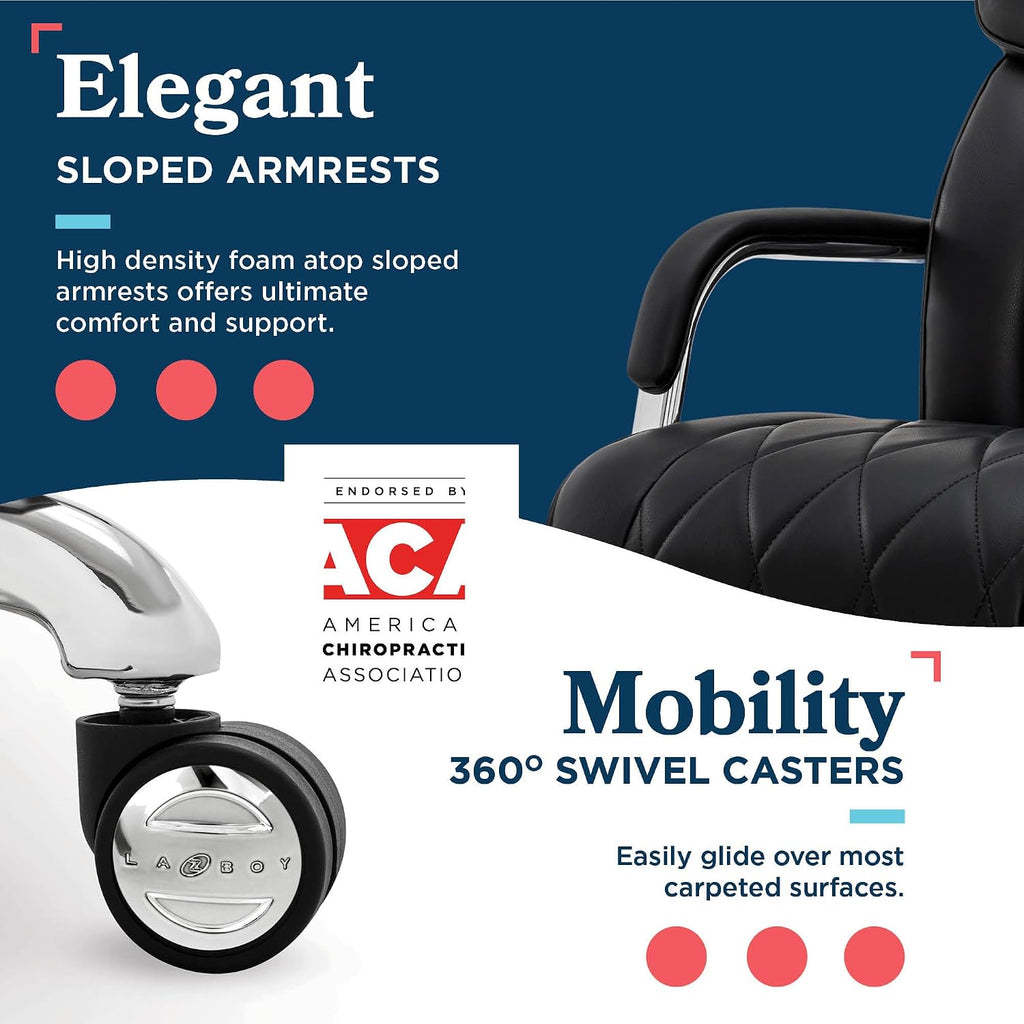 La-Z-Boy Symphony Executive Mid-Back Office Chair, Diamond Quilt Seat and Back, Pocket Coil Cushion, Padded Armrests, Ergonomic Computer DeskChair, Swivel Metal Base, Bonded Leather, Black/Chrome