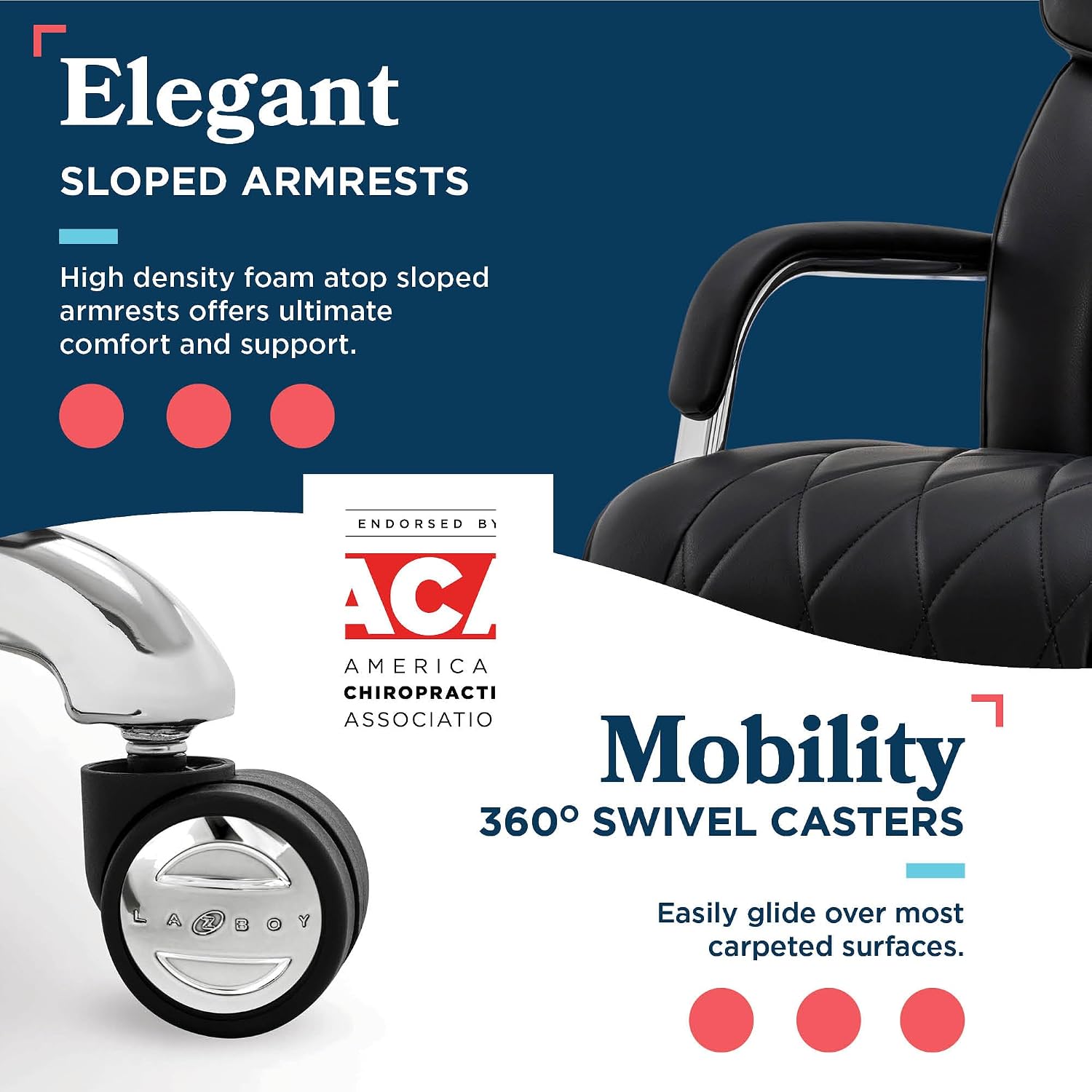 La-Z-Boy Symphony Executive Mid-Back Office Chair, Diamond Quilt Seat and Back, Pocket Coil Cushion, Padded Armrests, Ergonomic Computer DeskChair, Swivel Metal Base, Bonded Leather, Black/Chrome