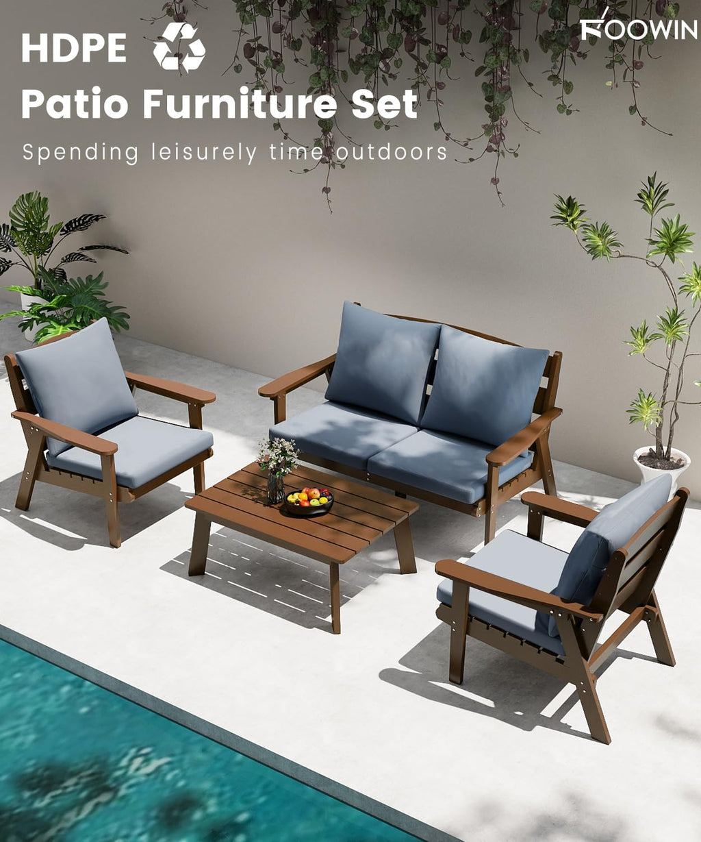 FOOWIN 4-Piece Patio Furniture Set, HDPE All-Weather Outdoor Conversation Set with Thick Cushions, Sectional Patio Sofa Furniture for Deck, Porch, Lawn, Garden, Brown Frame & Grey Cushion