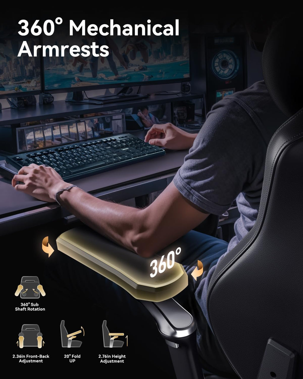 AutoFull M6 Gaming Chair, Ventilated and Heated Seat Gaming Chair with 360° Adjustable Armrest, AUTO Dynamic Tracking Lumbar Support Ergonomic Office Chair with Footrest, Black