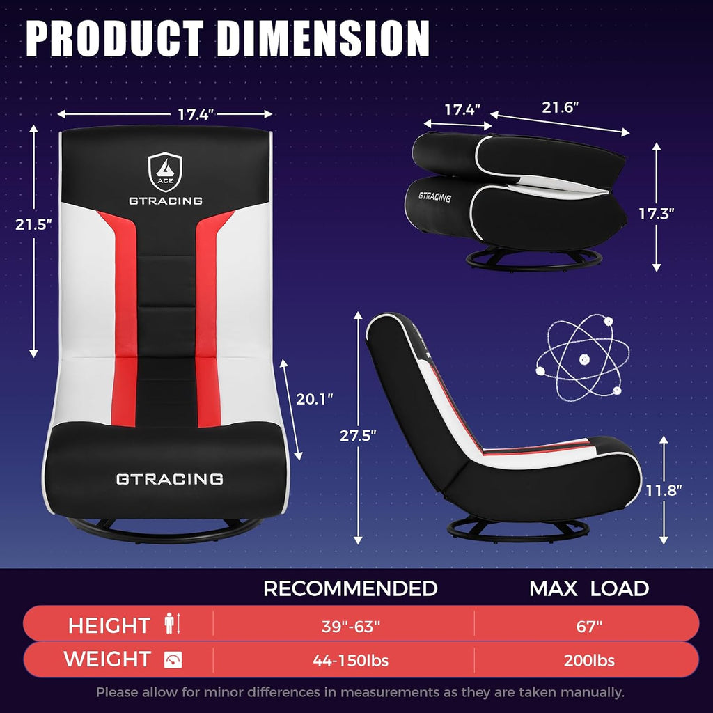 GTPLAYER Floor Gaming Chair Foldable Swivel Floor Chairs for Kids Boys Comfy Video Game Seat with 360° Multipurpose for Gamers, Bedroom or Game Room (Red/White)