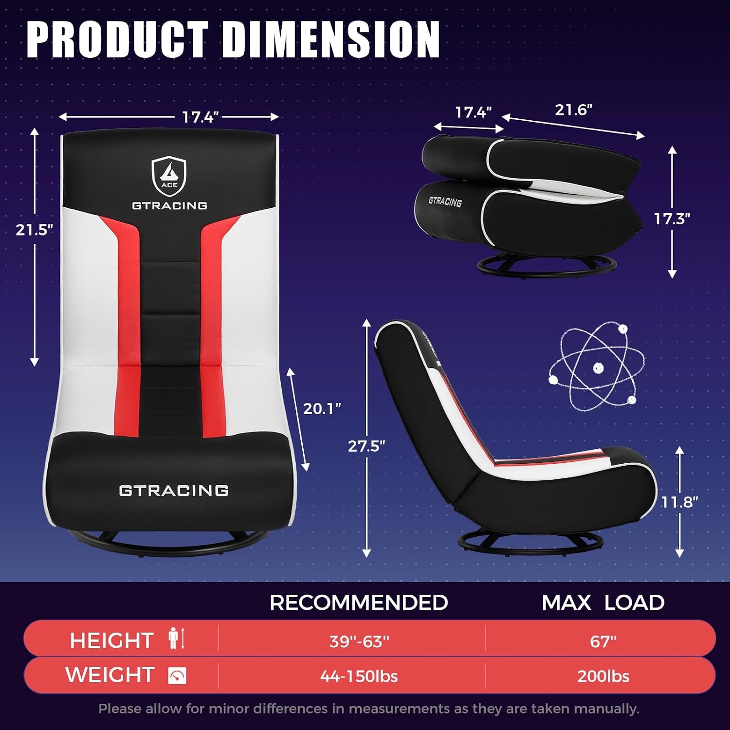 GTPLAYER Floor Gaming Chair Foldable Swivel Floor Chairs for Kids Boys Comfy Video Game Seat with 360° Multipurpose for Gamers, Bedroom or Game Room (Red/White)