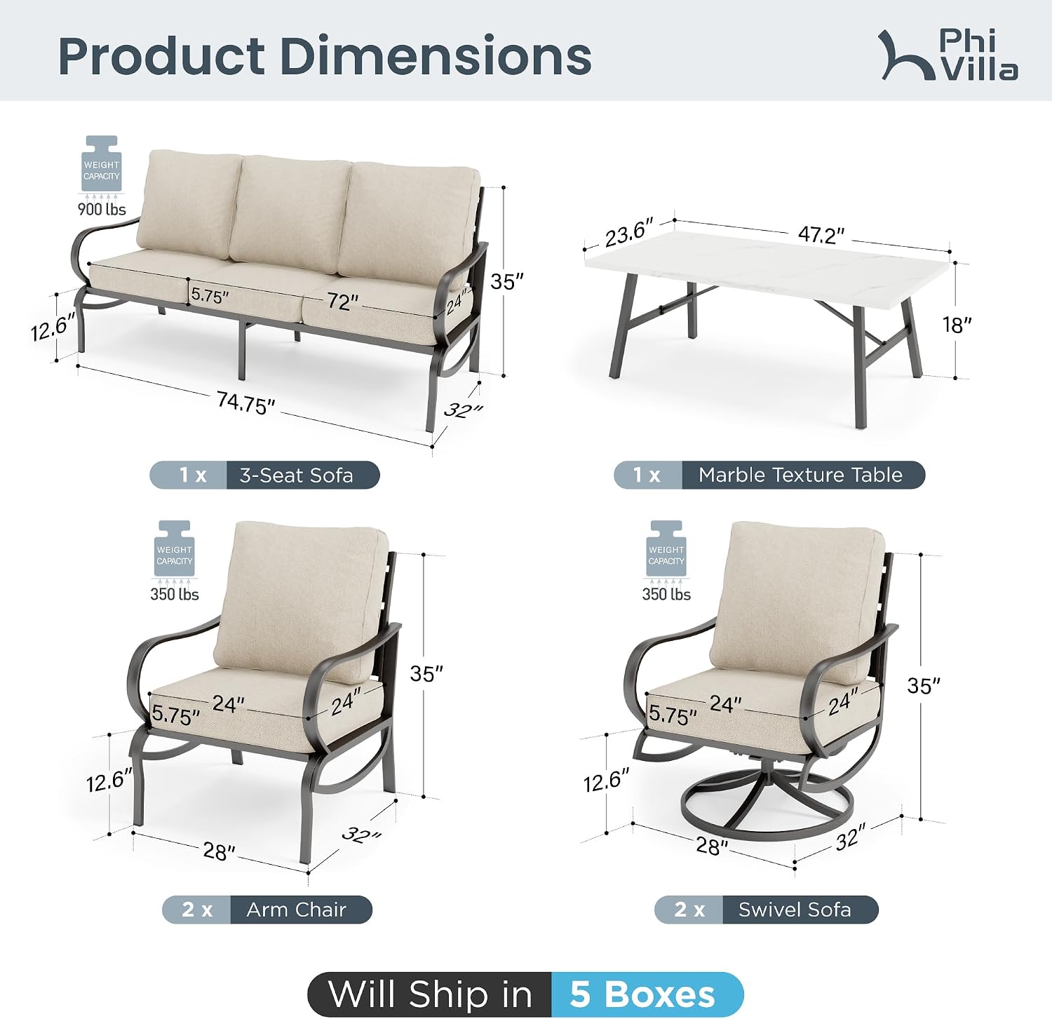 PHI VILLA 6 Piece Patio Furniture Sets with 1 x 3 Seater Padded Deep Seating Bench, 2 x Swivel Cushioned Sofa Chairs, 2 x Leg Sofa Chairs and 1 x Coffee Table, Outdoor Metal Furniture Set for 7