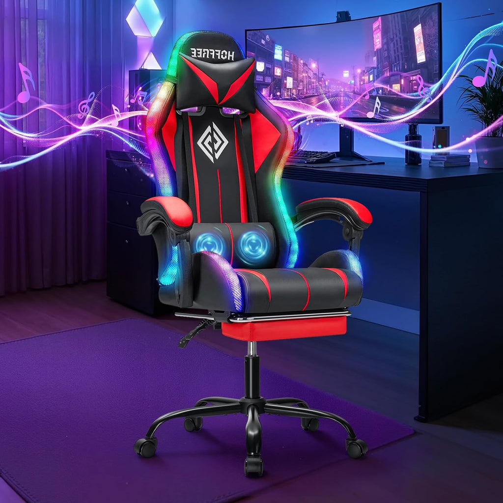 HOFFREE RGB Gaming Chair with Speakers Massage Computer Gaming Chair with LED Lights and Footrest High Back Video Game Chair for Adults Red and Black