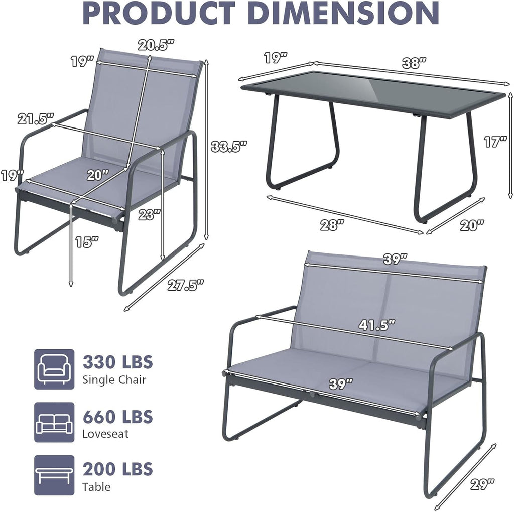 Tangkula 4 Pieces Patio Furniture Set, Outdoor Conversation Set with Tempered Glass Coffee Table, Metal Frame, Breathable Fabric, Indoor & Outdoor Chat Set of 4, for Patio, Poolside, Garden (Gray)