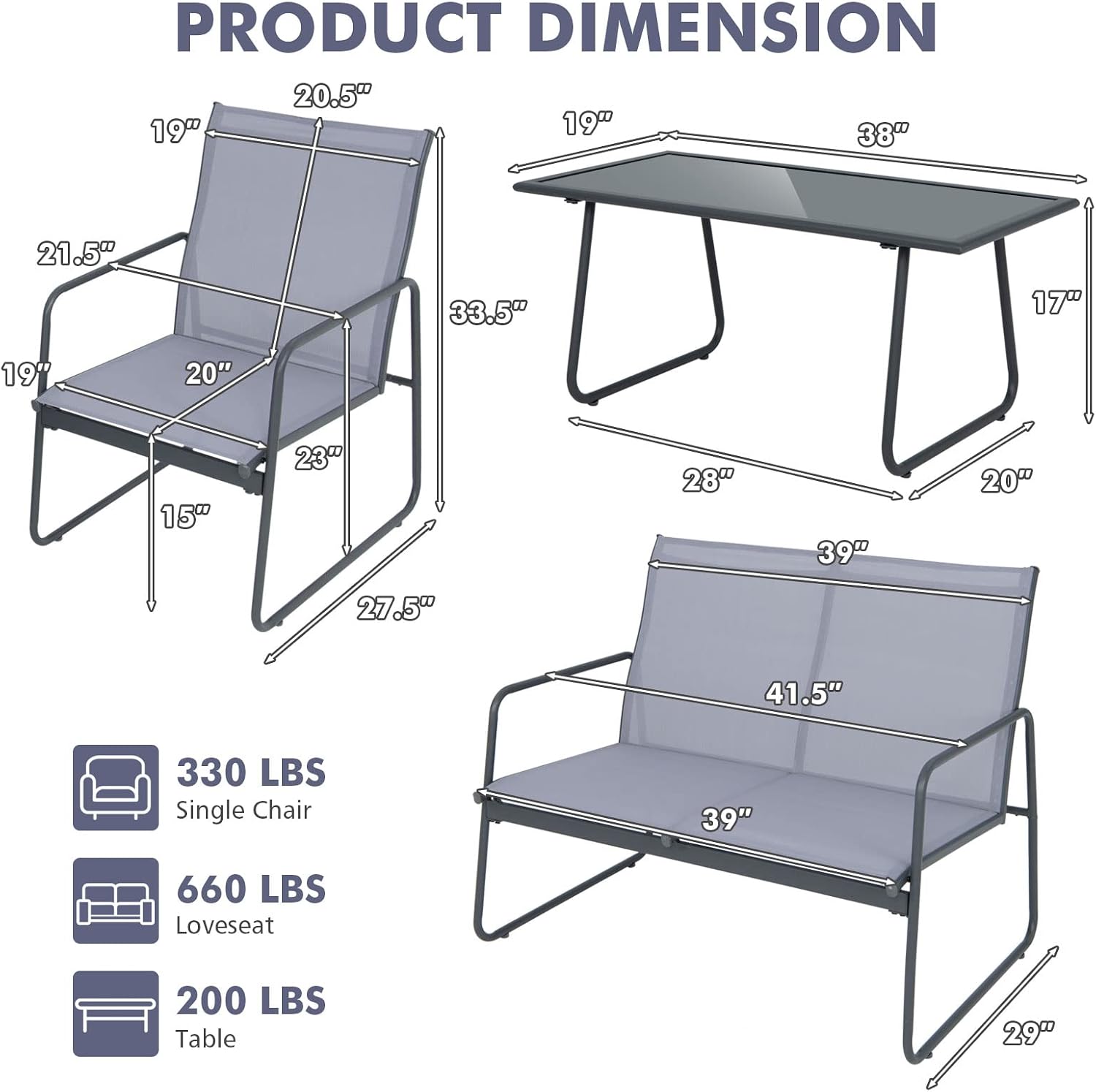 Tangkula 4 Pieces Patio Furniture Set, Outdoor Conversation Set with Tempered Glass Coffee Table, Metal Frame, Breathable Fabric, Indoor & Outdoor Chat Set of 4, for Patio, Poolside, Garden (Gray)