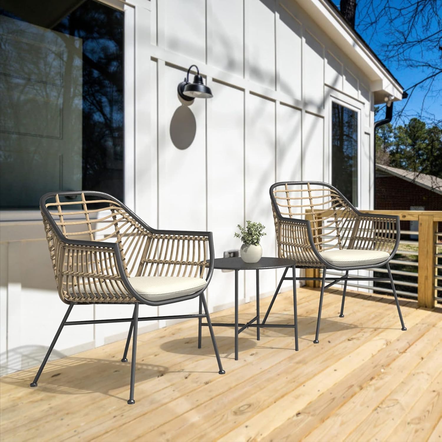 Grand patio Patio Furniture Set, Outdoor Wicker Patio Conversation Seating Chair with Cushions and Coffee Table, Boho Seating Chat Set for Indoor Outdoor, Balcony, Porch, Garden, Deck