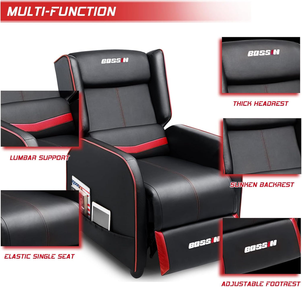 BOSSIN Gaming Recliner Chair for Adults 400lbs Racing Style Sofa Big and Tall PU Leather Recliner Seating, Modern Ergonomic Lounge Comfortable Home Movie Theater for Living Room(Red)