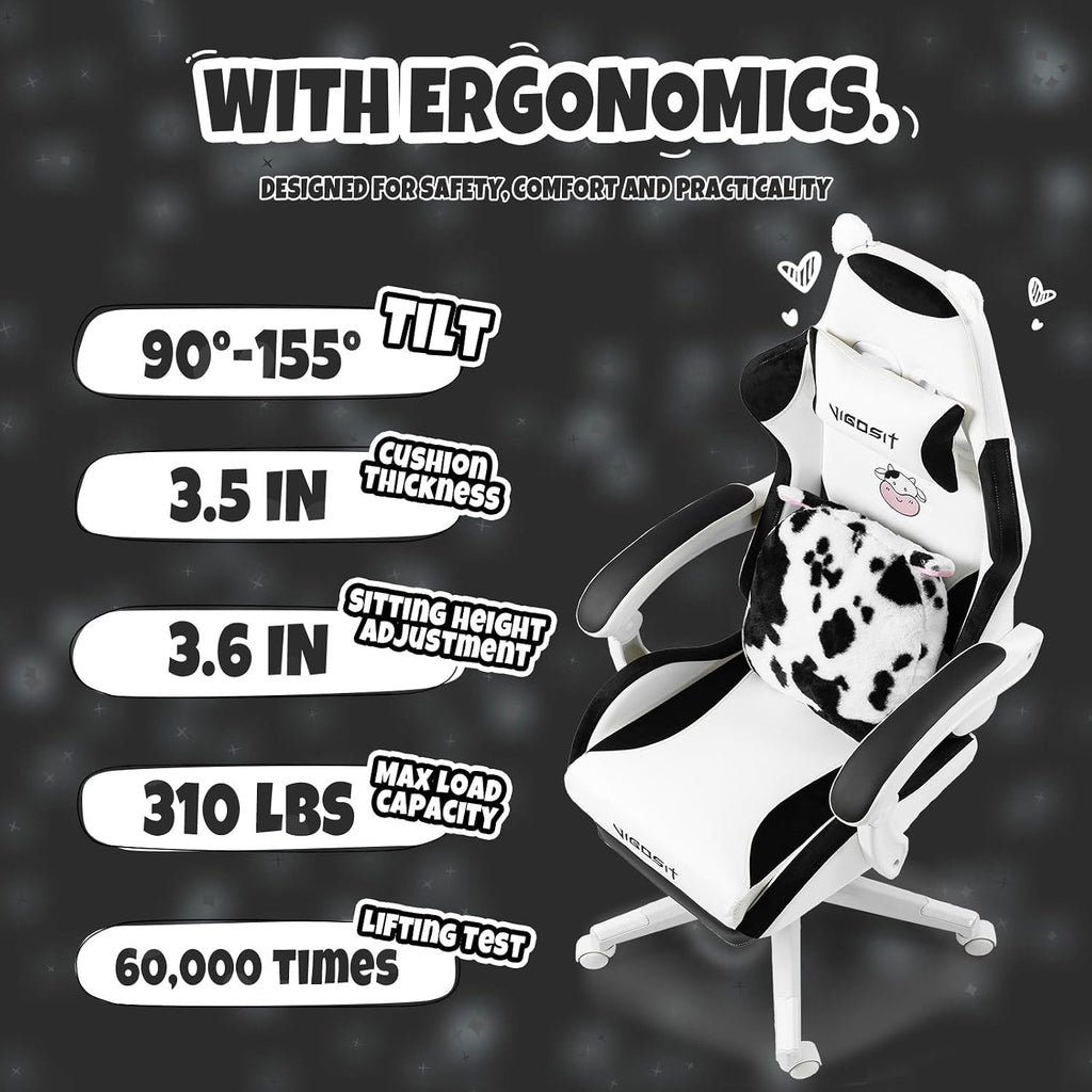 Vigosit Black and White Cow Gaming Chair with Footrest, Ergonomic Cute Gamer Chair for Girls, Comfortable Computer Desk Chair for Adults Teens
