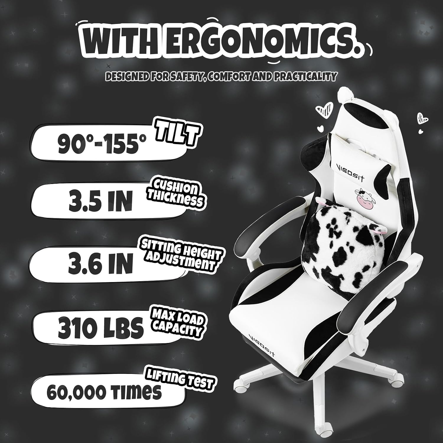 Vigosit Black and White Cow Gaming Chair with Footrest, Ergonomic Cute Gamer Chair for Girls, Comfortable Computer Desk Chair for Adults Teens