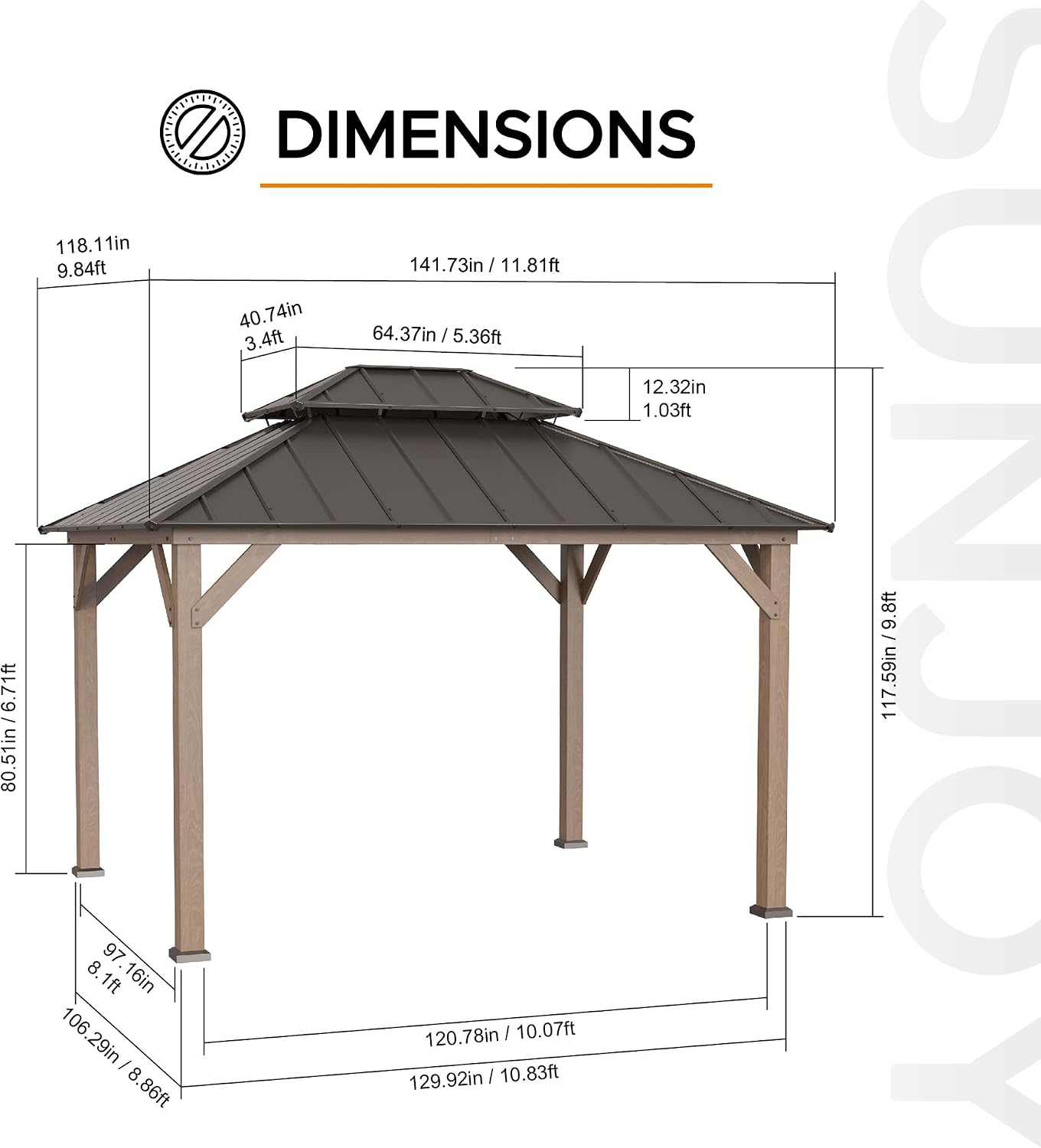 Sunjoy 10 x 12 ft. Wood Gazebo, Outdoor Patio Steel Hardtop Gazebo, Cedar Framed Wooden Gazebo with 2-Tier Metal Roof, Suitable for Patios, Lawn and Backyard, Dark Brown Roof + Dark Wood Frame