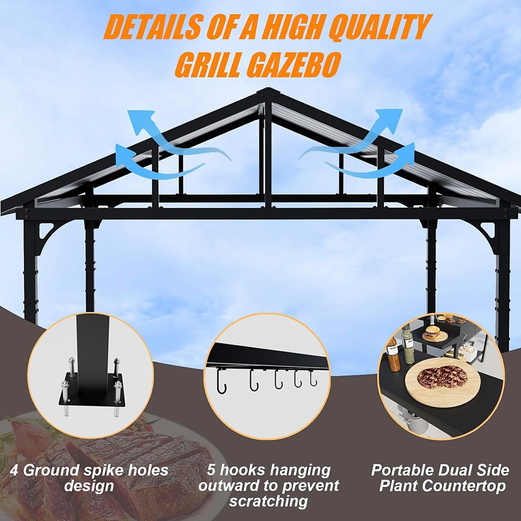 Gotland 8' x 5' Grill Gazebo, Outdoor Metal BBQ Gazebo with Triangular Structure Roof & Drainage Holes, Grill Canopy with 2 Side Shelves, for Deck Lawn Backyard