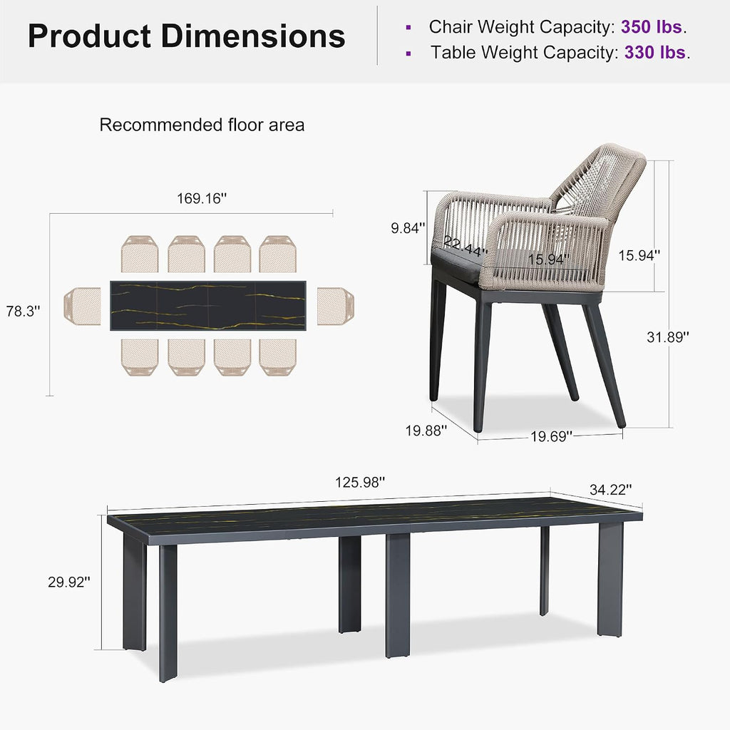 PURPLE LEAF 11 Pieces Patio Dining Set Aluminum Modern Rectangular Table and Rattan Arm Chairs with Cushions for Kitchen Porch Garden Outdoor Furniture Sets, Dark Grey