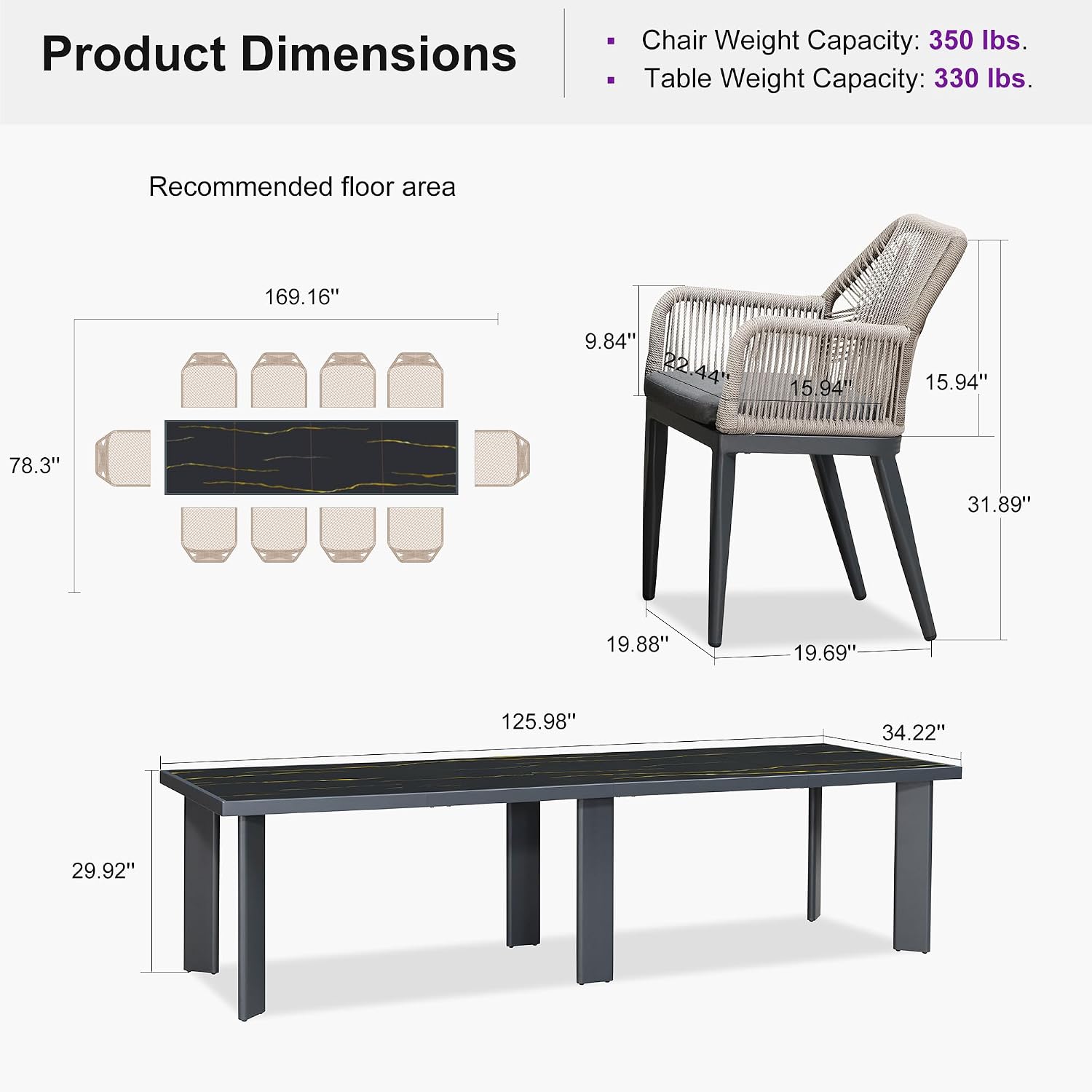 PURPLE LEAF 11 Pieces Patio Dining Set Aluminum Modern Rectangular Table and Rattan Arm Chairs with Cushions for Kitchen Porch Garden Outdoor Furniture Sets, Dark Grey