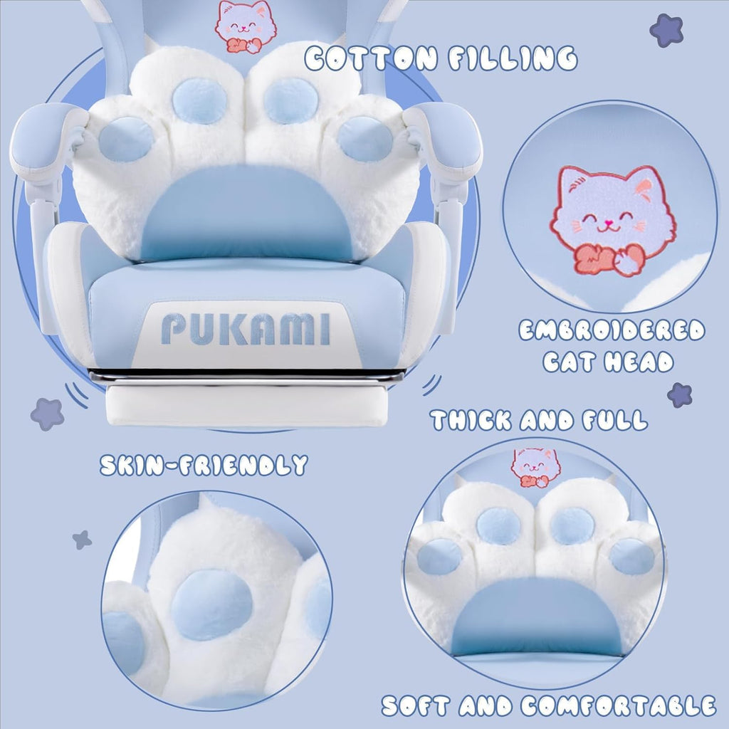 PUKAMI Gaming Chair with Cat Ears,Cute Computer Chair for Girl with Footrest,Ergonomic Gamer Chair, Kawaii Gaming Chair, Game Chair (Blue)