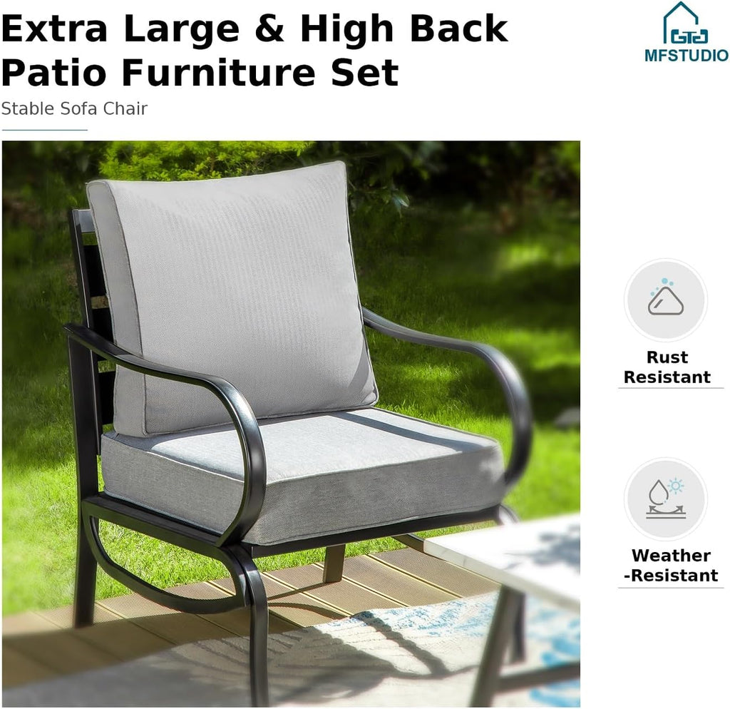 MFSTUDIO 4 Piece Patio Conversation Sets, All Weather Metal Frame Outdoor Furniture Set Patio Sofas with 1 x 45 Rectangular Fire Pit Table, 1 x 3-Seat Sofa, 2 x Sofa Chairs, Grey Cushion