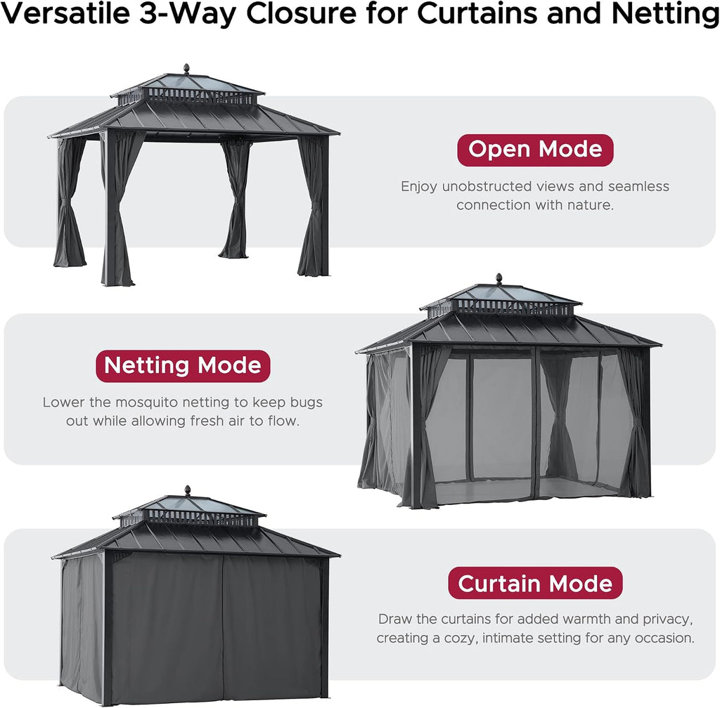 SUNJOY Kingston 12' x 10' Hardtop Gazebo with Galvanized Steel/Polycarbonate Double Roof, Curtain and Netting, Gray Aluminum Posts Permanent Pavilion Gazebo for Garden, Patio, Deck, Lawn